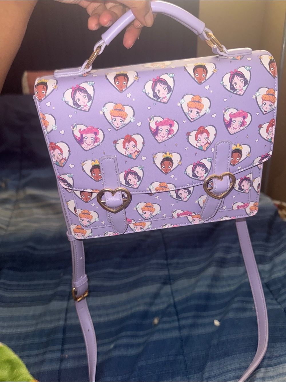 Lilac Heart-Print Top Handle Satchel with Removable Strap